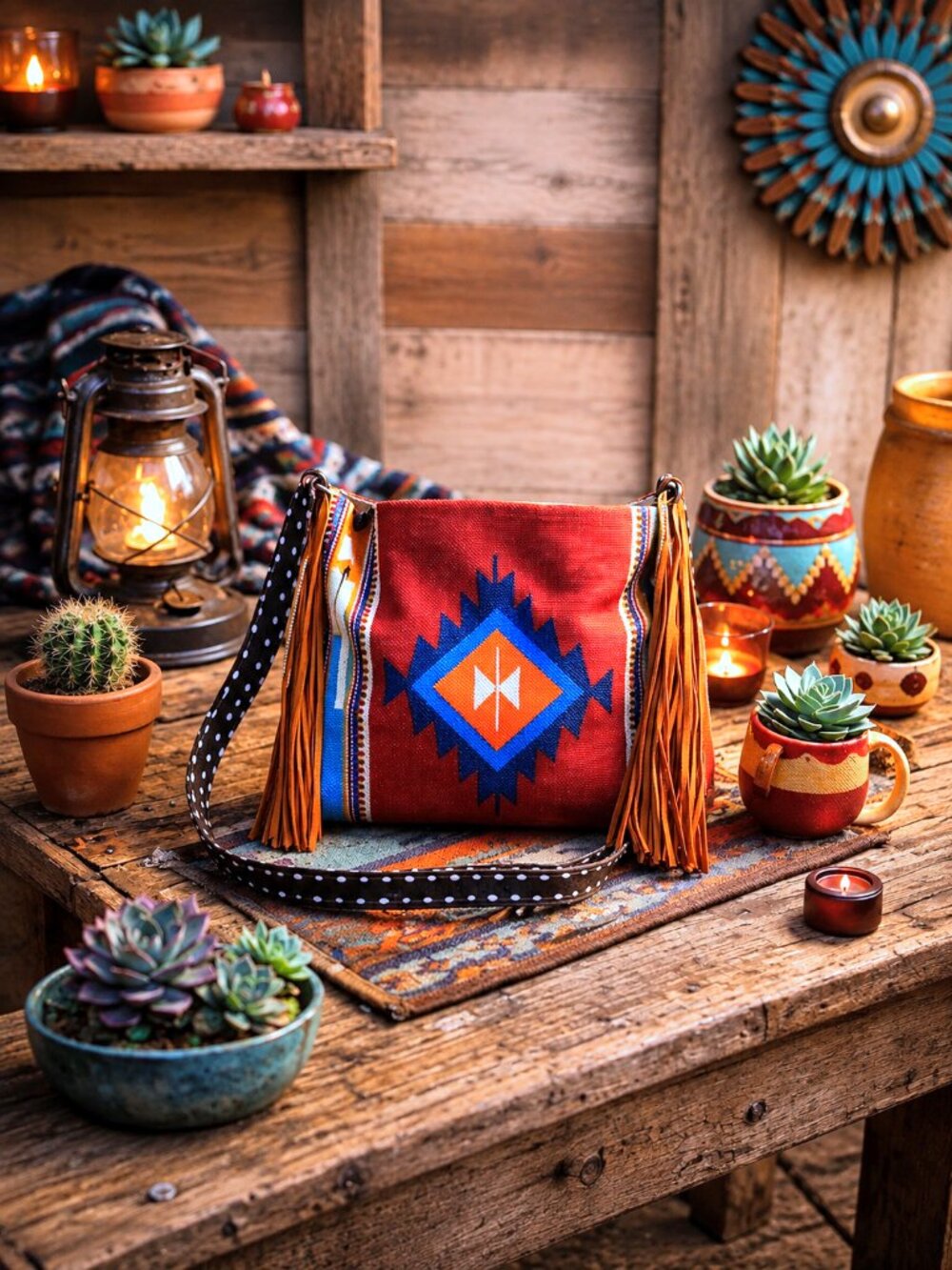 Southwestern Rust Fringe Tote Bag Purse Faux Leather Boho Western Aztec Canvas - Picture 2 of 7